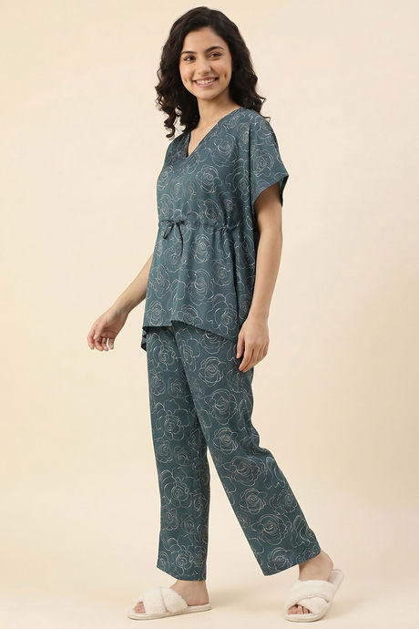 Zivame Satin Kaftan Loungewear Set - Sagebrush Green — image 2
